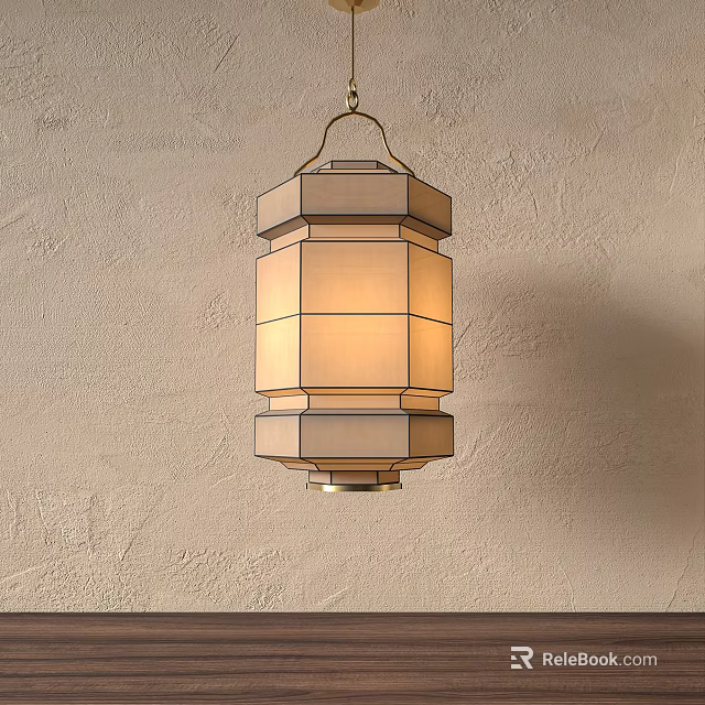 Hanging Multi layered Geometric Fabric Lantern With Beige Shade On Textured Wall 3d model 