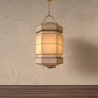 Hanging Multi layered Geometric Fabric Lantern With Beige Shade On Textured Wall 3d model