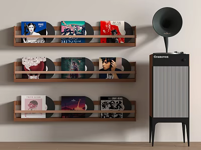 Vintage Phonograph Audio System With Wooden Vinyl Record Shelves And Album Covers 3d model