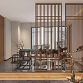 Elegant Chinese Specialty Store Interior With Wooden Shelves Tables Chairs And Display Products