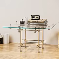 Modern Glass Coffee Table With Metal Legs Stacked Books Decorative Clock On Wooden Herringbone Floor