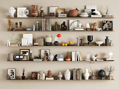 Modern Decorative Ornament Combination With Vases Sculptures Photo Frames Books And Small Plants On Shelves 3d model