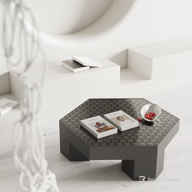 Modern Hexagonal Black Coffee Table With Books And Decorative Bowl 3d model