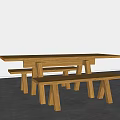Modern Solid Wood Dining Table Set with Two Matching Benches in Minimalist Style 3d model