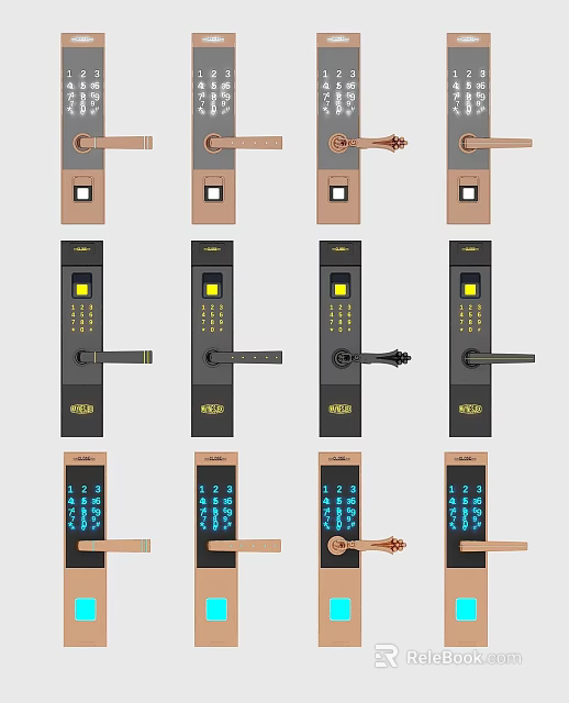 Door Lock Components With Digital Keypad And Various Handle Designs 3d model 