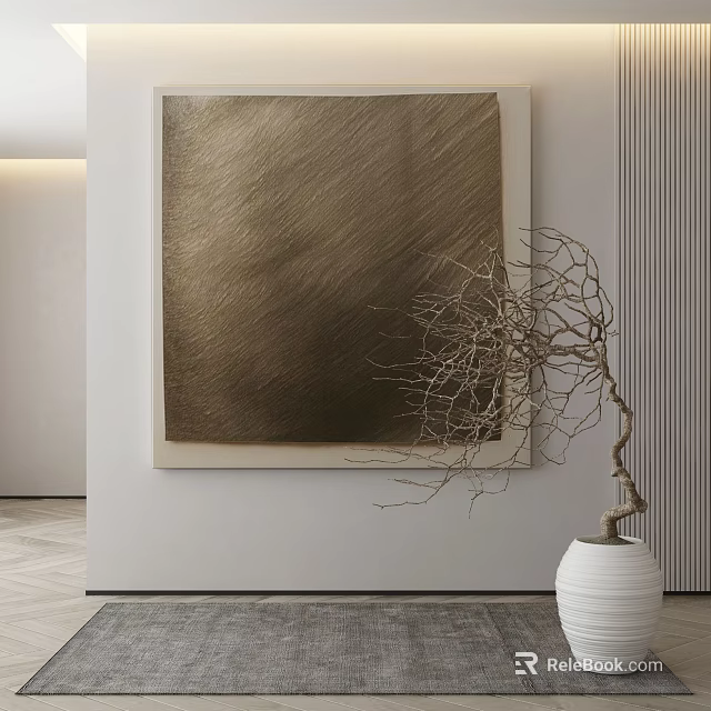 Modern Interior Wall With Gold Abstract Painting And White Vase With Bare Branches 3d model 