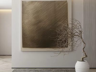 Modern Interior Wall With Gold Abstract Painting And White Vase With Bare Branches 3d model