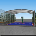 Outdoor Basketball Court With White Canopy Blue Red Surface Green Fence And Surrounding Plants