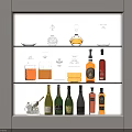 Various Wine Bottles And Glassware Arranged On Cabinet Shelves