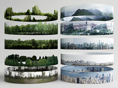 Various Panoramic Scenes Featuring Lush Forests Green Mountains Urban Skylines And Lakes 3d model