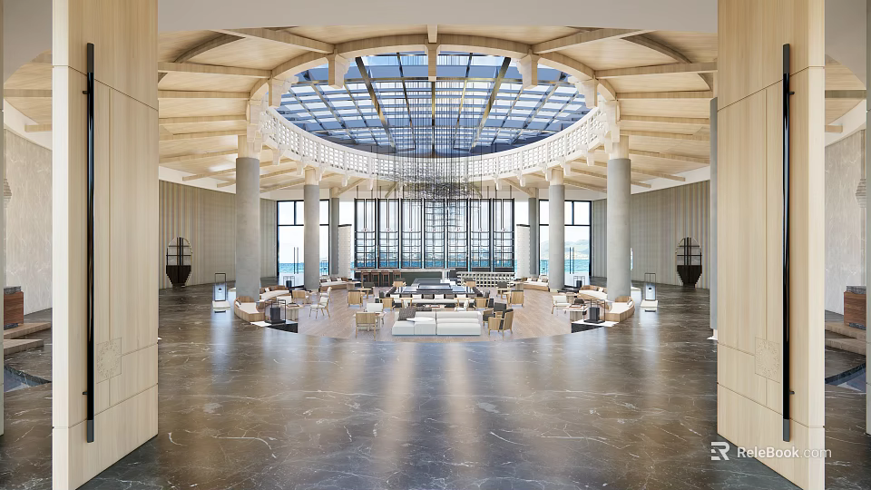 Hotel Lobby Interior Design With High Ceiling Large Windows Chandelier And Comfortable Sofa Seating 3d model