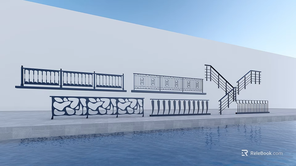 Different Styles of Ornamental Railings and Fences by Pool with White Wall and Sky 3d model 