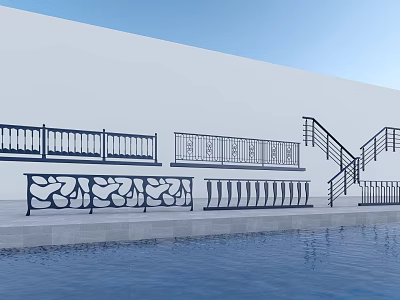 Different Styles of Ornamental Railings and Fences by Pool with White Wall and Sky 3d model