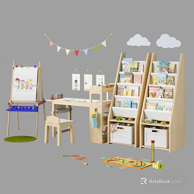 Children's Wooden Bookcase With Storage Shelves Books Toys Easel And Cloud Decorations In Play Area 3d model 