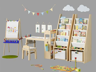 Children's Wooden Bookcase With Storage Shelves Books Toys Easel And Cloud Decorations In Play Area 3d model