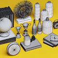 Vintage Decorative Ornament Combination With Globe Trophy Clocks Bottles Books And Pine Cones On Yellow Background