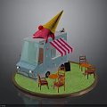 Ice Cream Truck Setup With Blue Exterior Orange Cone Pink Ice Cream Red Tables Chairs