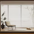Venetian Blinds in Living Room with Natural Light Comfortable Chair Potted Plant and Rug