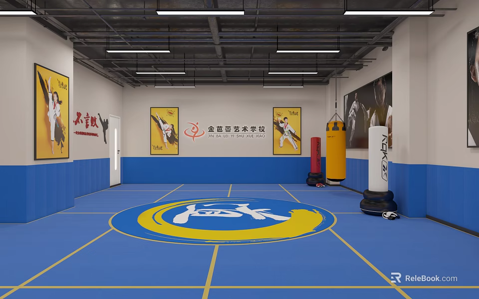Indoor Basketball Court With Blue Floor Yellow Lines And Sports Posters 3d model 