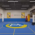 Indoor Basketball Court With Blue Floor Yellow Lines And Sports Posters 3d model