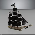 Pirate Ship Model With Black Sails Jolly Roger Flag And Wooden Structure