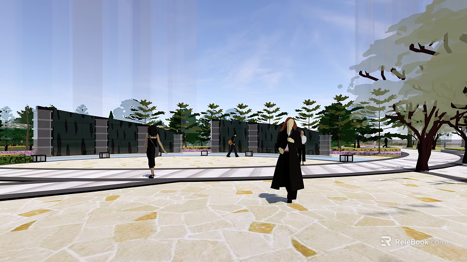 Serene Residential Landscape With Stone Paved Ground Trees Benches And People Walking 3d model 