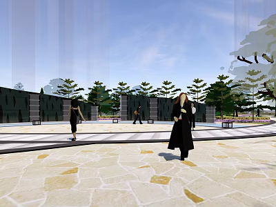 Serene Residential Landscape With Stone Paved Ground Trees Benches And People Walking 3d model
