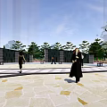 Serene Residential Landscape With Stone Paved Ground Trees Benches And People Walking