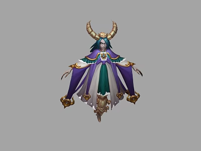 Game Movie Character With Green Hair Golden Horns Purple And White Robe And Golden Decorations 3d model