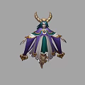 Game Movie Character With Green Hair Golden Horns Purple And White Robe And Golden Decorations
