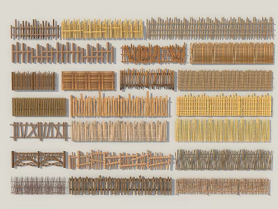 Various Styles of Decorative Garden Fence With Wooden Bamboo and Woven Designs 3d model