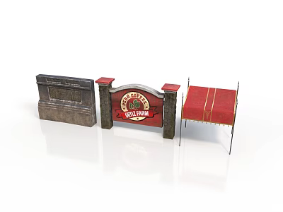 Wild West Themed Scene Components With Red Archway Wooden Wall And Awning 3d model
