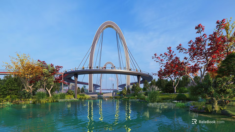 Modern Arched Bridge Over Scenic Water With Reflection Lush Greenery And Colorful Trees 3d model 