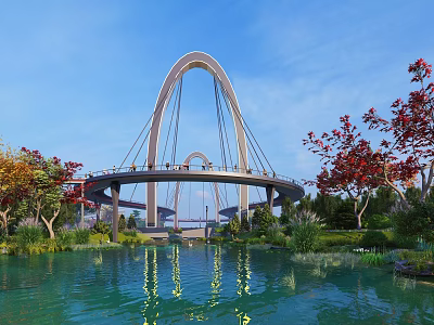 Modern Arched Bridge Over Scenic Water With Reflection Lush Greenery And Colorful Trees 3d model
