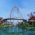 Modern Arched Bridge Over Scenic Water With Reflection Lush Greenery And Colorful Trees