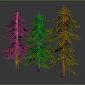 Three Green Pine Trees With Brown Trunks And Green Needles On Gray Background 3d model