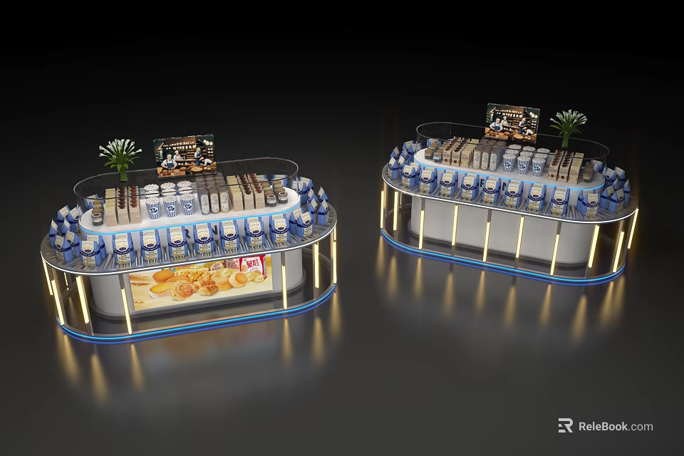 Circular Retail Display Stands With Illuminated Borders And Various Products For Promotion 3d model 