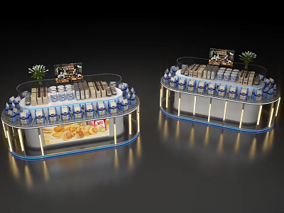 Circular Retail Display Stands With Illuminated Borders And Various Products For Promotion 3d model