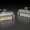 Circular Retail Display Stands With Illuminated Borders And Various Products For Promotion