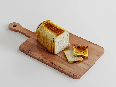 Fresh Sliced Bread Loaf on Wooden Cutting Board with Toasted Slices 3d model