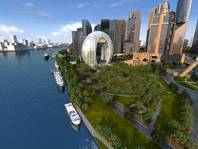 Residential Buildings in Modern Urban Landscape with River Boats Greenery and Park Walkways 3d model