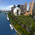 Residential Buildings in Modern Urban Landscape with River Boats Greenery and Park Walkways