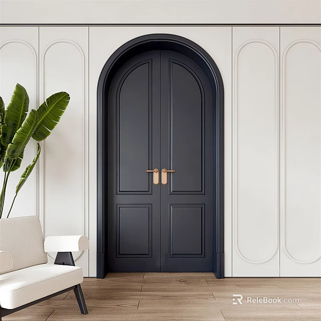 Black Double Doors With Brass Handles In Modern Interior With White Paneled Walls 3d model 