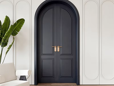 Black Double Doors With Brass Handles In Modern Interior With White Paneled Walls 3d model