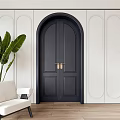 Black Double Doors With Brass Handles In Modern Interior With White Paneled Walls