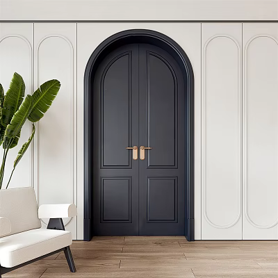 Black Double Doors With Brass Handles In Modern Interior With White Paneled Walls 3d model