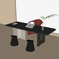 Modern Desk With Laptop Book Vase With Plant Red Chair Black Stools By Window Blinds