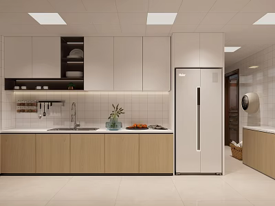 Modern Kitchen Interior Design With White Cabinets Wooden Countertops Tile Walls Sink And Refrigerator 3d model