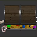 Wooden Storage Chest Filled With Colorful Gemstones Pearl Necklaces And Gold Coins