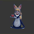 Anime Game Character With Fox Ears Blonde Hair In Blue Maid Dress Holding Red Cake